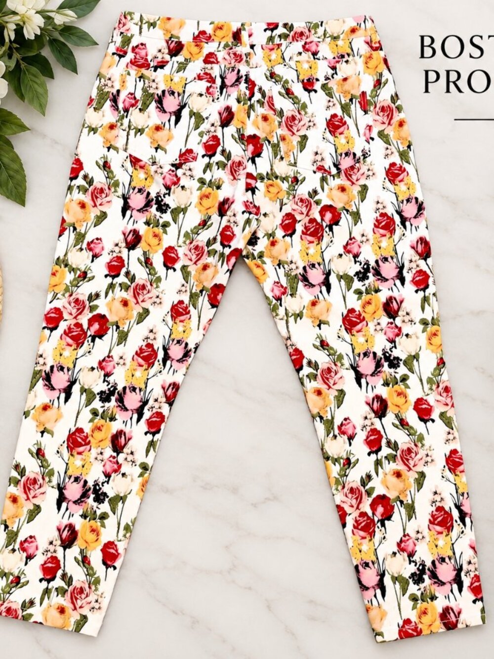 Boston Proper Rose Floral Print Pants Sparkle Women 16 Comfort 5 Pocket Rare EUC